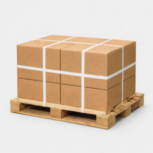 Stack of brown cardboard cartons secured with white poly strapping on a single wooden pallet against a plain light gray background.