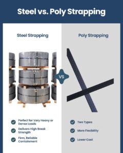 A graphic comparing steel strapping to poly strapping with key benefits of each product highlighted with bullet points.